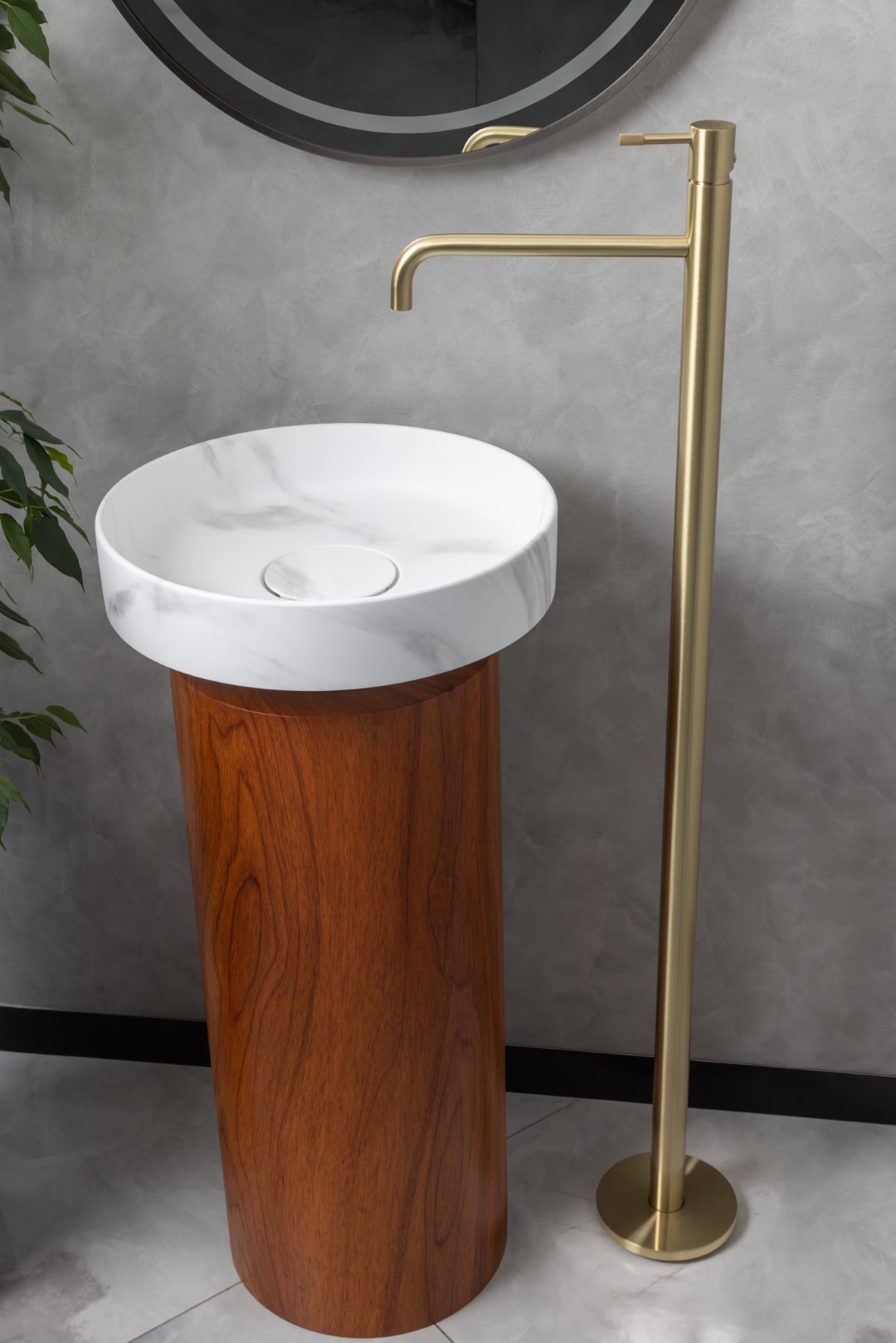 Раковина накладная SOLE Corian 400*130 Calacatta + Пьедестал для раковины Corian 300*720 Dark Oak