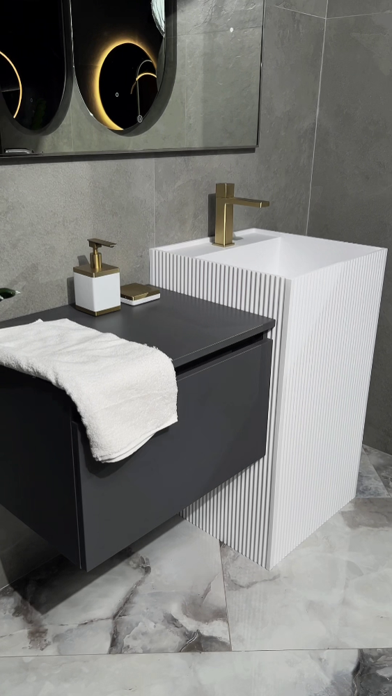 Раковина напольная рифленая с трех сторон Cube Corian 480*480*850 Matt White